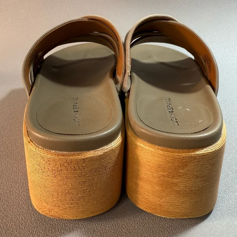 Lucky Brand Dikona Beige Woven Leather and Elastic Strap Platform Sandals